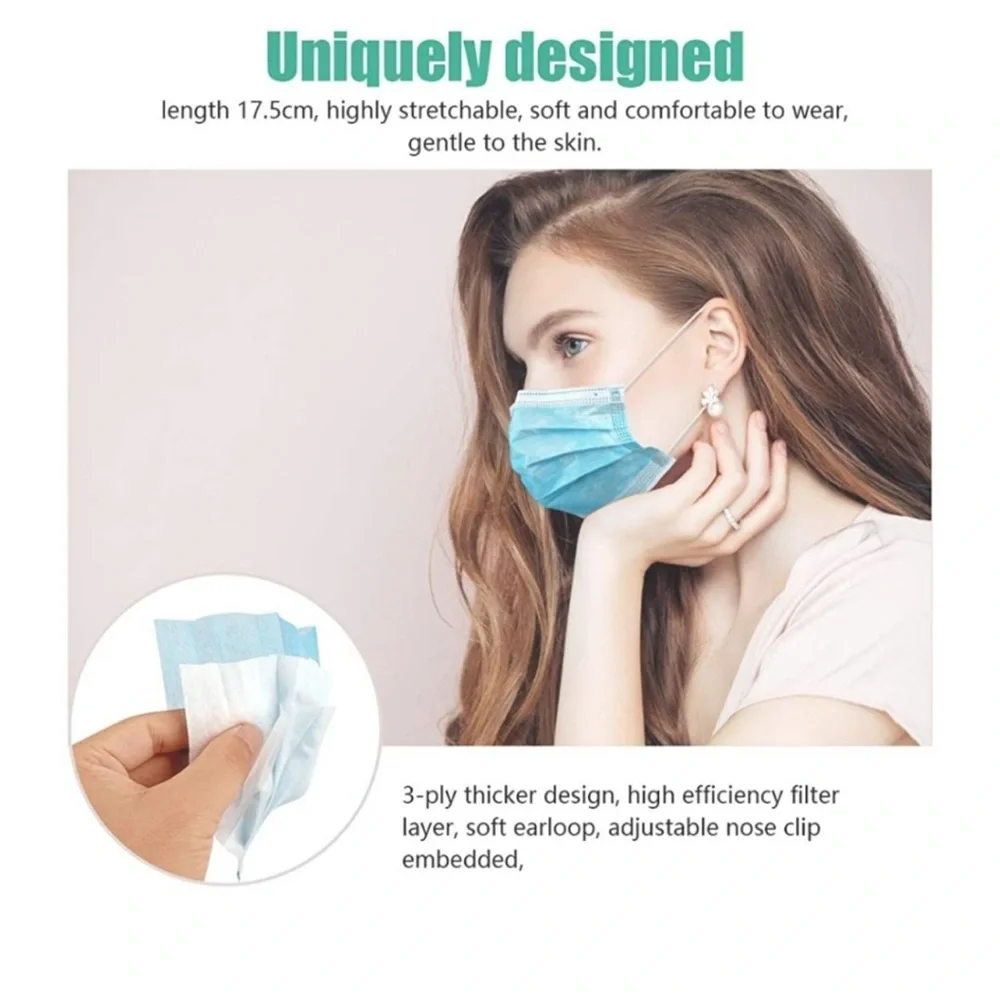 50 PC Disposable Blue Face Mask with Elastic Band